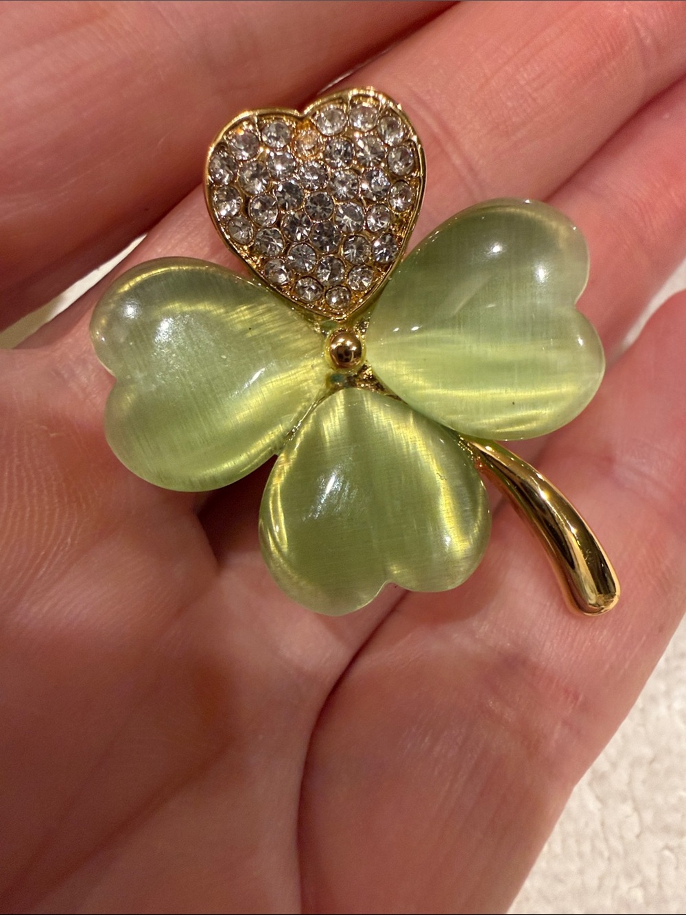 Green Four-Leaf Clover Crystal Accent Brooch - Women Jewelry